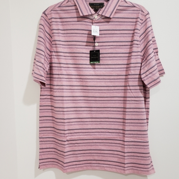541- Jos A Bank Reserve Mens Short Sleeve Polo Size M Pink Navy Stripe NWT - Picture 2 of 7